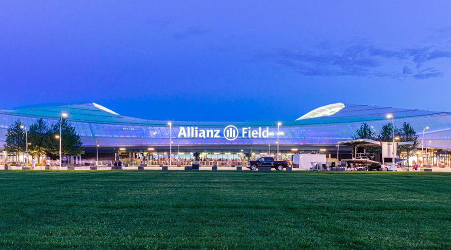 Exterior view of Allianz Field at night